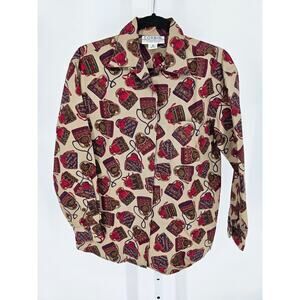 Corbin brand women's long-sleeve blouse featuring a novelty handbag print Sz 4